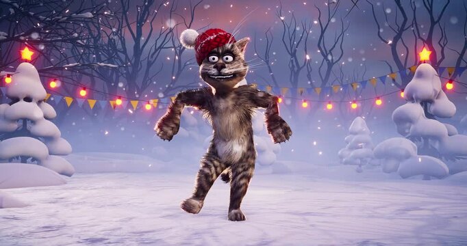  Funny cat dances in a Santa Claus hat on a festive Christmas background. Snow-covered landscape with decorated Christmas trees. Animated video for holiday cards, festive events, and New Year's partie