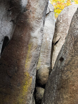 Tall corridors of white granite rock and round chock stones near Asheboro, North Carolina, with yellow autumn leaves in the background