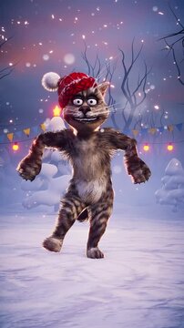  Funny cat dances in a Santa Claus hat on a festive Christmas background. Snow-covered landscape with decorated Christmas trees. Animated video for holiday cards, festive events, and New Year's partie