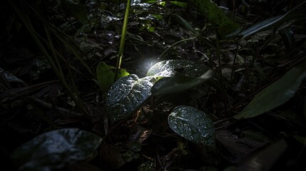 Obraz premium Sunlight filtering through lush green leaves in a forest.