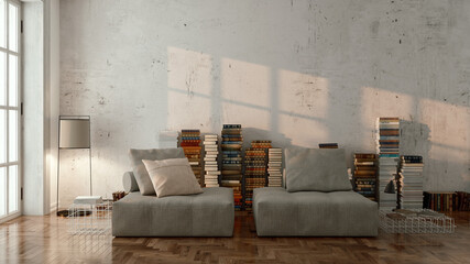 Large luxury modern bright interiors Living room mockup illustration 3D rendering image