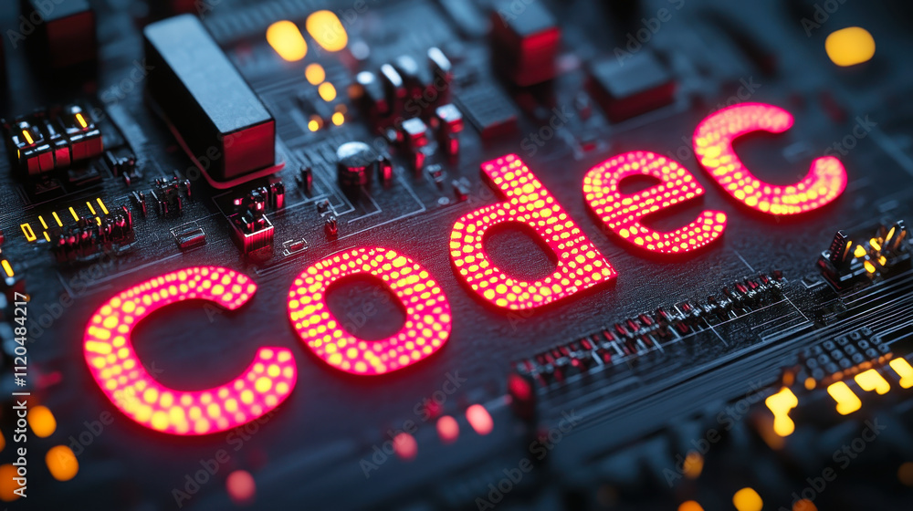 Poster 3d rendered codec header on circuit board with led lights and technology theme