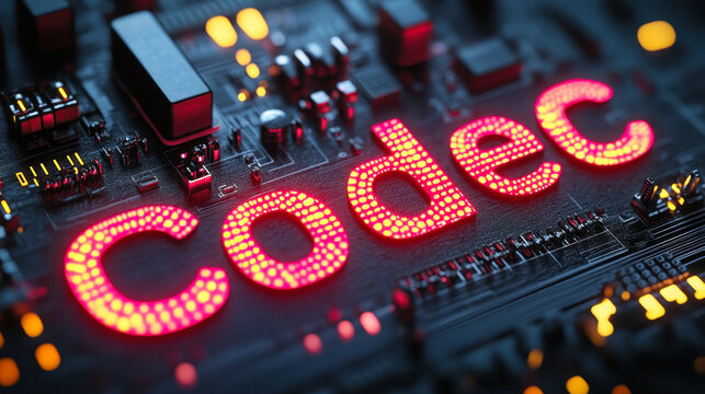3D Rendered Codec Header on Circuit Board with LED Lights and Technology Theme