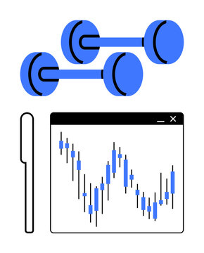Dumbbells paired with a financial graph displaying stock market trends and a pen. Ideal for fitness, finance, investment, healthy lifestyles, growth, progress, goal-setting. Line metaphor