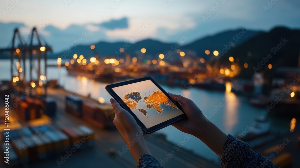 Poster hands holding tablet displaying world map overlooking a busy port with shipping containers and crane