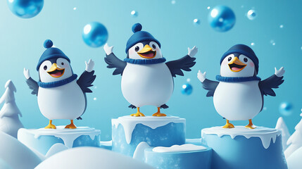 Fototapeta premium Playful Penguins Winter Wonderland Festive 3D Cartoon Characters on Ice