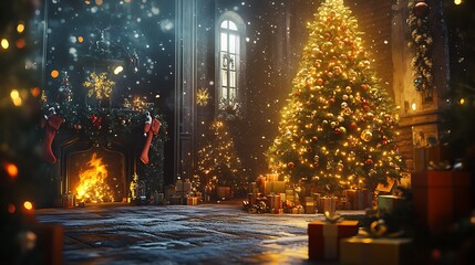 Interior Christmas scene with a magically glowing tree and festive decorations.