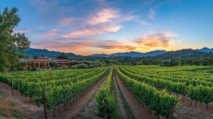 Fototapeta premium A wide panoramic view of a vineyard glowing under the warm light of sunset.