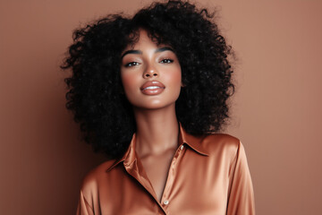 black woman wearing a muted mocha brown silk shirt on a mocha brown background for 2025