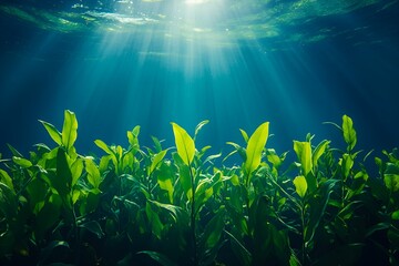 Fototapeta premium Sunlight filtering through underwater green plants in a vibrant aquatic environment
