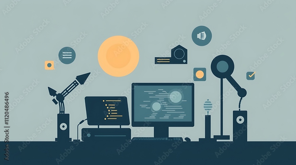 Poster minimalist tech workspace: a serene and stylish desktop background with a flat design aesthetic, fea