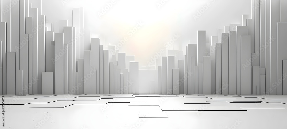 Poster a minimalistic abstract design featuring a foggy landscape of white geometric structures rising from