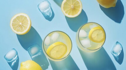 A panoramic view of a refreshing lemonade with ice cubes and lemon slices.

