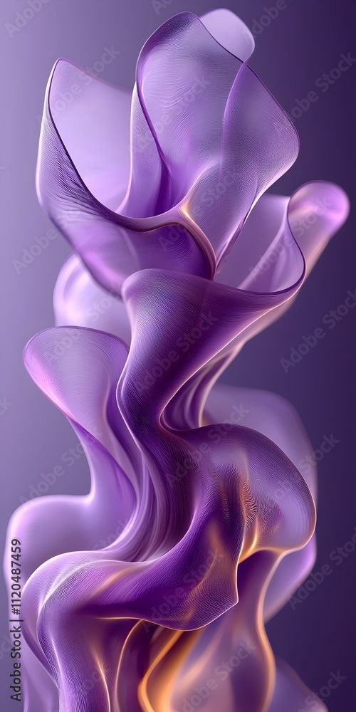 Poster an abstract composition featuring flowing, translucent shades of purple and soft pink, creating a se