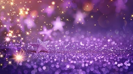 Obraz premium A luxurious purple background with golden bokeh and lights, sparkling with glitter and sequins for Christmas and New Year.