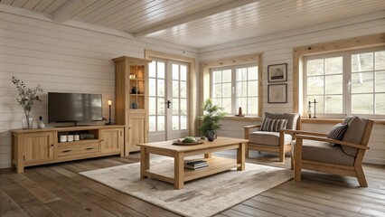 Fototapeta premium A cozy living room with Scandinavian-style wooden furniture, including a TV stand, armchairs, a coffee table, and a cabinet.