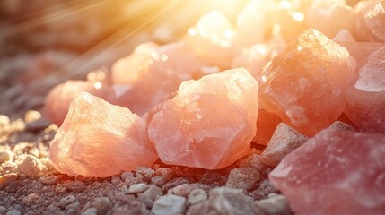 Pink quartz crystals in sunlight.