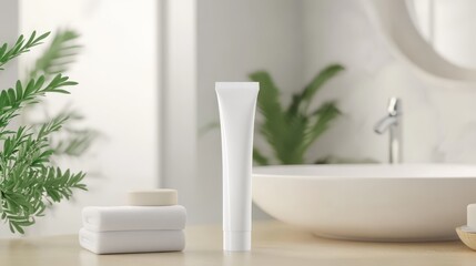 White tube mockup in minimalist bathroom.