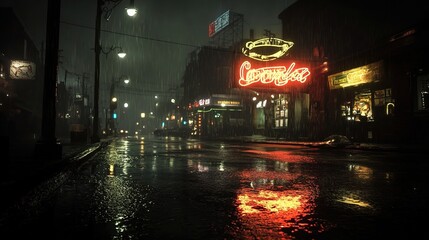 Fototapeta premium Moody Dark Street Scene with Wet Asphalt and Neon Lights at Night