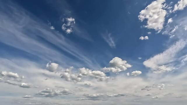 Fantastic endless clouds in the blue skies. 4K video (Ultra High Definition) of cloudscape and bright sun. Sky and clouds Timelapse. Sun shines through the clouds on the blue sky background.
