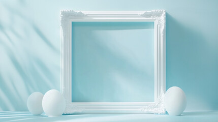 White Minimalist Plaster Frame in Venetian Style on Pastel Blue Background
