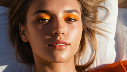Fototapeta premium female model laying on the bed and sun shining on her face