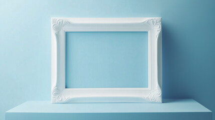 White Minimalist Plaster Frame in Venetian Style on Pastel Blue Background