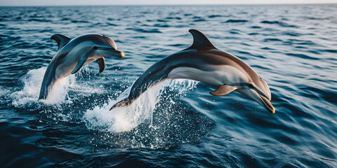 Fototapeta premium Golfinhos brincalhões saltando acima das ondas oceânicas turquesas.