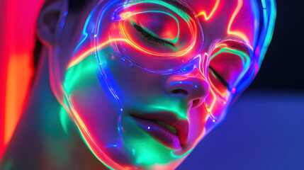 Naklejka premium Vibrant close-up of futuristic colored led light mask for modern art and technology themes