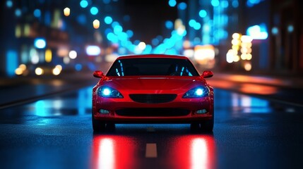 Fototapeta premium A front view from a red car driving on a city road illuminated by colorful night lights.
