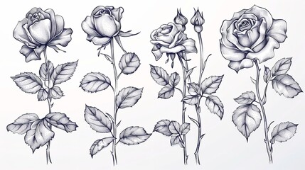 Detailed line drawings of five types of blooming flowers