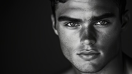 Young Man With Striking Features and Intense Expression Poses Against a Dark Background in a Black and White Portrait