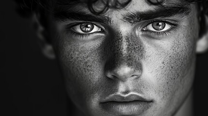 Obraz premium Young Man With Striking Eyes and Freckles Poses for a Dramatic Black and White Portrait Showcasing His Unique Features and Intense Expression in a Studio Setting