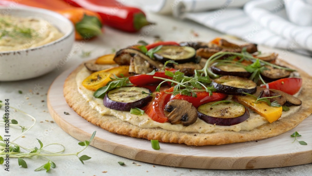 Poster a flatbreadstyle pizza features a super thin crispy base topped with an assortment of colorful roast