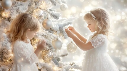 Little girls in white dresses decorating a large Christmas tree with crystal balls, capturing the festive spirit.