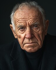 Obraz premium Portrait of an Elderly Man With Deep-Set Eyes and Weathered Skin Against a Dark Background, Capturing a Lifetime of Stories and Experiences in a Serene Expression