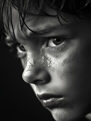 Obraz premium Young Boy With Expressive Eyes Showing Emotion Under Dramatic Lighting and Subtle Water Droplets on His Face