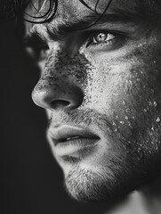 Close-up of a Young Man With Wet Skin and Prominent Freckles, Showcasing Intense Emotion During a Rain or Water Exposure