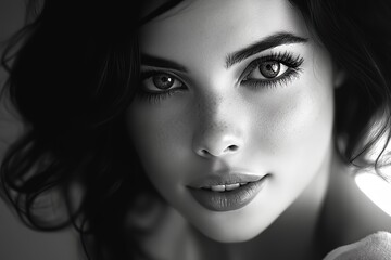Fototapeta premium Close-up Portrait of a Young Woman With Expressive Eyes, Soft Curls and a Natural Look Captured in Black and White