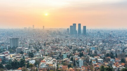 Obraz premium Cityscape at sunset with urban skyline and buildings.