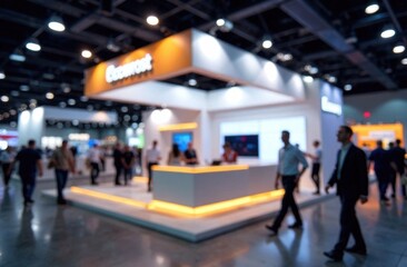 Vibrant branded trade show booth with motion blur of attendees