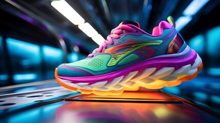 A photo of colorful running shoes on a treadmill.