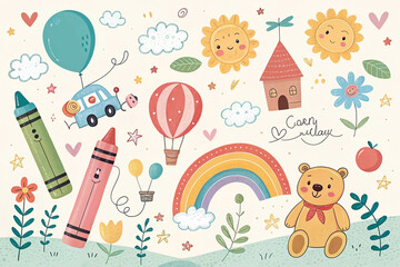 Cheerful illustration of cute cartoon elements including crayons, hot air balloon, teddy bear, rainbow, sun, house, and flowers on a cream background.