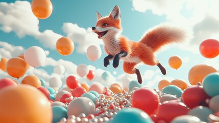 Fototapeta premium A cheerful fox jumping through colorful balloons on a sunny day, vibrant tones blending into a playful scene. 