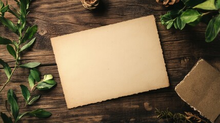 Blank vintage paper on rustic wood with greenery.