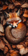 Fototapeta premium Raposa sonolenta enrolada em um monte de folhas de outono