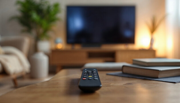 A sleek coffee table holds a remote control in sharp focus