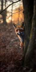 Raposa astuta espiando por tr&aacute;s de uma &aacute;rvore