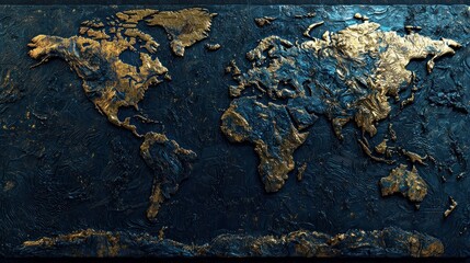 Obraz premium Artistic world map in textured gold and blue design.