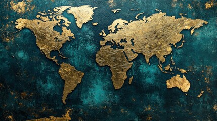 Artistic world map in gold on a textured teal background.